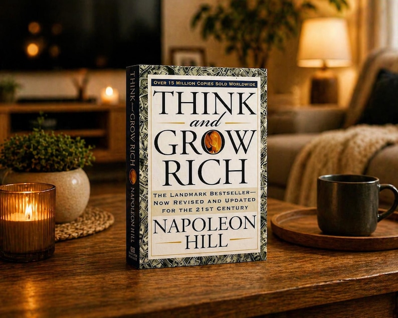 Pode incluir: Um exemplar de capa dura de "Think and Grow Rich" de Napoleon Hill, com o texto "Over 15 Million Copies Sold Worldwide". O livro est&aacute; numa mesa de madeira ao lado de uma vela acesa e de uma caneca de caf&eacute;. A capa do livro &eacute; creme e preta.