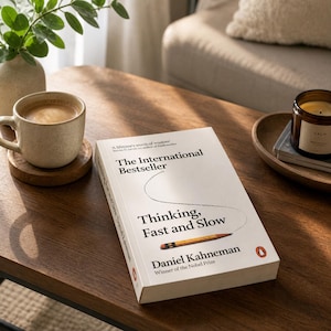 May include: A hardcover book titled "Thinking, Fast and Slow" by Daniel Kahneman is on a wooden table. The book has a white cover with black text and a pencil illustration. A cup of coffee and a lit candle are also on the table.