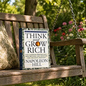 Pode incluir: Um livro "Think and Grow Rich" de Napoleon Hill, em um balan&ccedil;o de madeira. A capa branca tem texto preto e dourado. O fundo &eacute; um jardim com uma almofada floral e flores.
