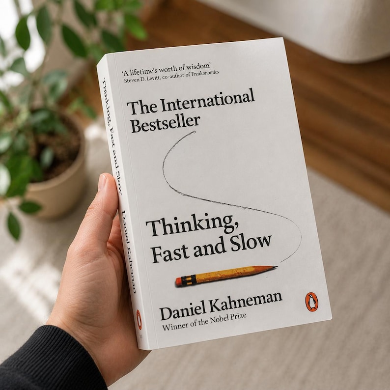 May include: A hardcover book titled "Thinking, Fast and Slow" by Daniel Kahneman. The cover is white with black text and a pencil illustration. The book is held in a person's hand, with a plant in the background.
