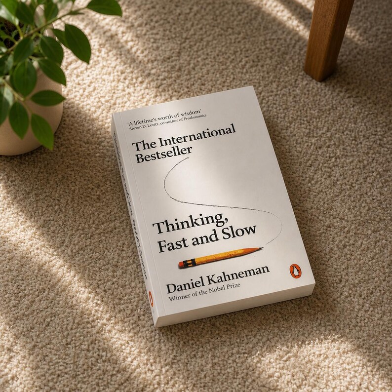 May include: A hardcover book titled "Thinking, Fast and Slow" by Daniel Kahneman, winner of the Nobel Prize, lies on a beige carpet. The book has a white cover with black and orange text and a pencil illustration. The book is a bestseller.