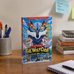 May include: A hardcover book titled The Wolf Code: Cultivate Wolf Spirit, featuring a large blue wolf with fiery eyes, two smaller wolf pups, and several smaller wolves at the bottom. The cover includes text such as Celebrating Champions, Unleashing Greatness, Perseverance, Resilience, Deep Discipline, and Growth Mindset.
