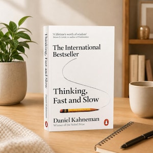 May include: A hardcover book titled "Thinking, Fast and Slow" by Daniel Kahneman. The book has a white cover with black text and a pencil illustration. The book is an international bestseller and winner of the Nobel Prize.