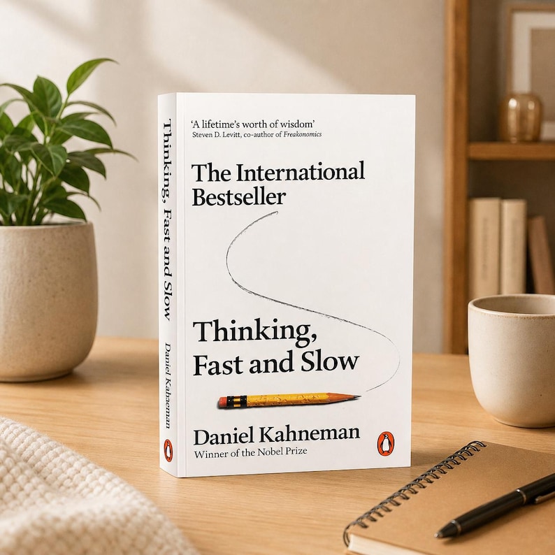 May include: A hardcover book titled "Thinking, Fast and Slow" by Daniel Kahneman. The book has a white cover with black text and a pencil illustration. The book is an international bestseller and winner of the Nobel Prize.
