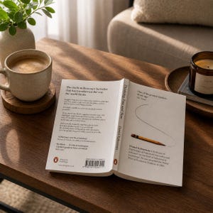 May include: An open book titled "Thinking, Fast and Slow" by Daniel Kahneman, with a pencil drawing on the right page. A cup of coffee, a candle, and a vase with greenery sit on a wooden table.