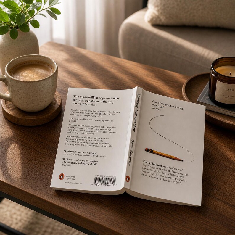 May include: An open book titled "Thinking, Fast and Slow" by Daniel Kahneman, with a pencil drawing on the right page. A cup of coffee, a candle, and a vase with greenery sit on a wooden table.