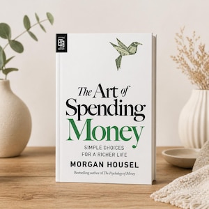 May include: A hardcover book titled "The Art of Spending Money" by Morgan Housel. The book has a white cover with black and green text. A bird made of folded money is on the cover. The book is on a wooden surface.