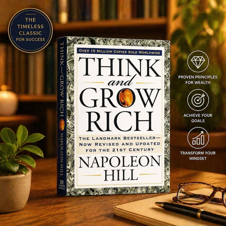 Pode incluir: Um livro de capa dura intitulado "Think and Grow Rich" de Napoleon Hill. A capa apresenta o t&iacute;tulo em letras grandes e em negrito com uma ilustra&ccedil;&atilde;o dourada. O livro &eacute; exibido em uma superf&iacute;cie de madeira com uma caneta, &oacute;culos e uma pequena planta.