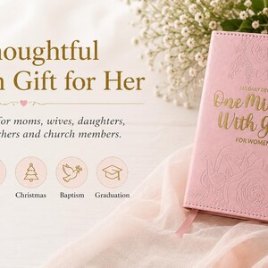May include: A pink devotional book titled One Minute With God For Women with gold embossed lettering and floral cover details. The text A Thoughtful Christian Gift for Her is displayed alongside icons for birthday, Mother's Day, Easter, Christmas, baptism, and graduation.