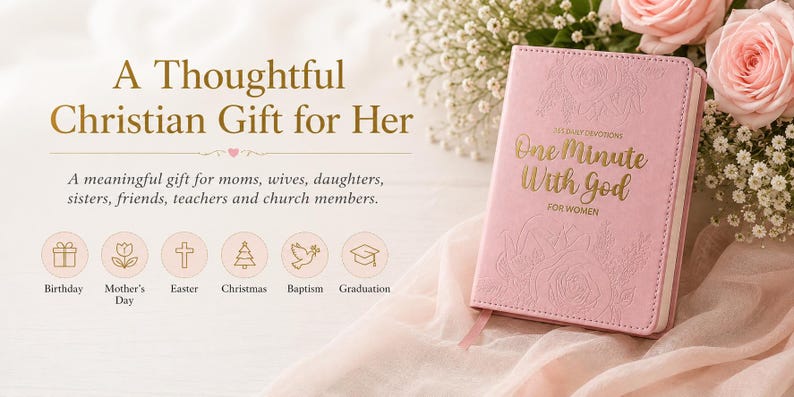 May include: A pink devotional book titled One Minute With God For Women with gold embossed lettering and floral cover details. The text A Thoughtful Christian Gift for Her is displayed alongside icons for birthday, Mother's Day, Easter, Christmas, baptism, and graduation.
