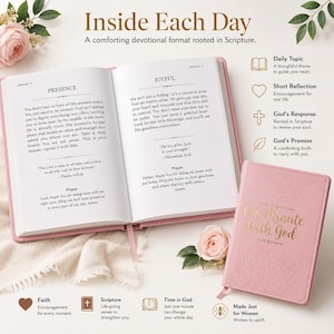 May include: A pink devotional book titled One Minute With God with a floral embossed cover. The book is open to pages showing daily entries for January 1 and January 2, featuring text, prayers, and scripture references. Icons explain the book's structure.