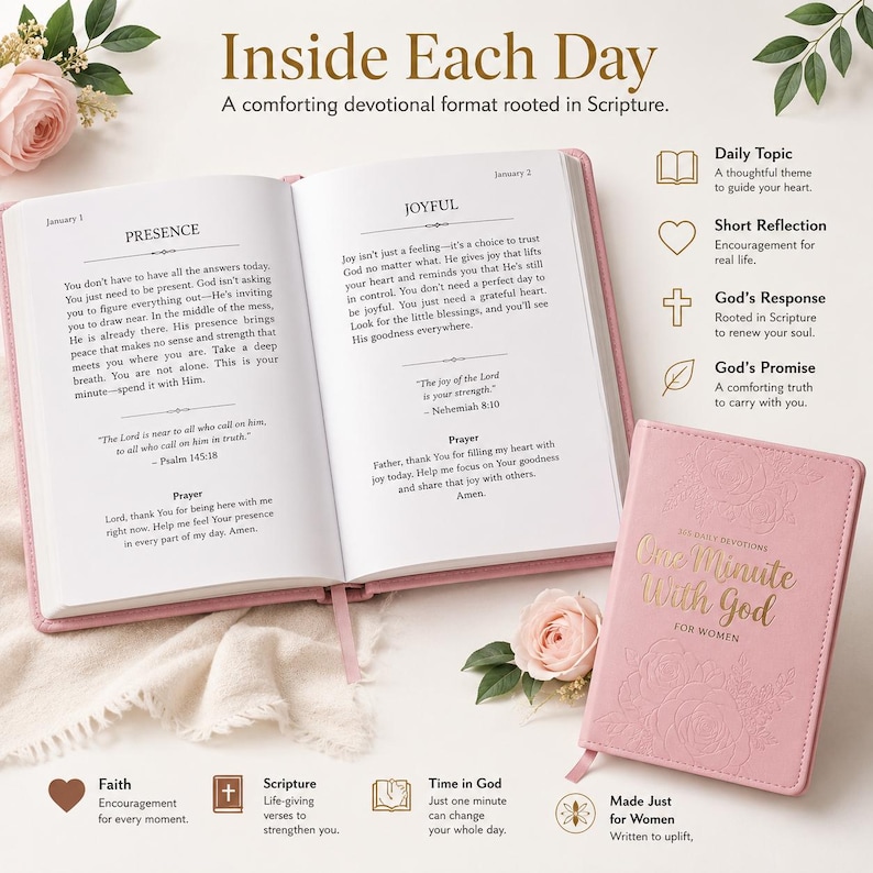 May include: A pink devotional book titled One Minute With God with a floral embossed cover. The book is open to pages showing daily entries for January 1 and January 2, featuring text, prayers, and scripture references. Icons explain the book's structure.