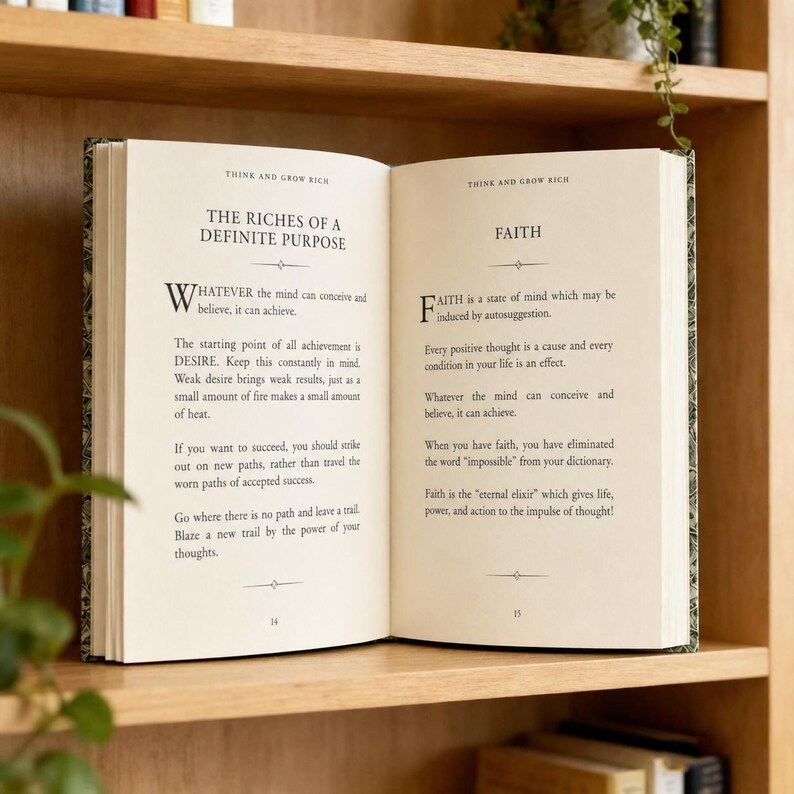 Pode incluir: Um livro aberto com o t&iacute;tulo "Think and Grow Rich" numa prateleira de madeira. As p&aacute;ginas apresentam texto sobre a realiza&ccedil;&atilde;o de objetivos e o poder da cren&ccedil;a. O livro est&aacute; sobre um fundo neutro.