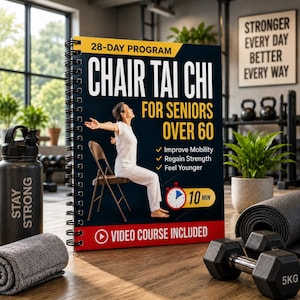 May include: A spiral-bound book titled 28-Day Program Chair Tai Chi for Seniors Over 60. The cover features a person sitting on a chair with arms outstretched, text highlighting mobility and strength benefits, a 10-minute timer icon, and Video Course Included.