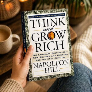 Pode incluir: Um livro de capa dura intitulado "Think and Grow Rich" de Napoleon Hill. A capa apresenta texto preto sobre fundo branco e uma ilustra&ccedil;&atilde;o dourada. O livro &eacute; um best-seller, revisto para o s&eacute;culo XXI.