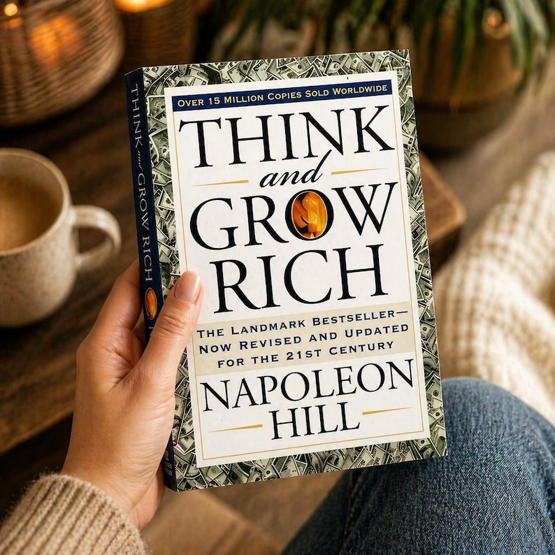 Pode incluir: Um livro de capa dura intitulado "Think and Grow Rich" de Napoleon Hill. A capa apresenta texto preto sobre fundo branco e uma ilustra&ccedil;&atilde;o dourada. O livro &eacute; um best-seller, revisto para o s&eacute;culo XXI.
