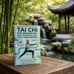 May include: A spiral-bound book with the title "TAI CHI" and the text "FOR SENIORS 60+". The cover features an illustration of a woman practicing Tai Chi. The background shows a serene outdoor scene with a waterfall and a traditional Asian-style structure.