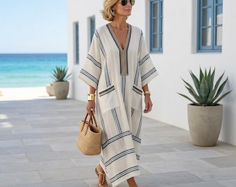 Robe longue bohème caftan pour femme, col en V, coupe ample, couverture de plage, été