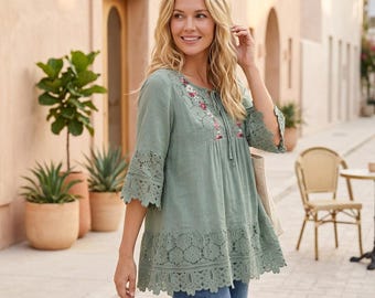 Embroidered Boho Tunic Top Lace Trim Peasant Blouse Loose Fit Womens Casual Shirt