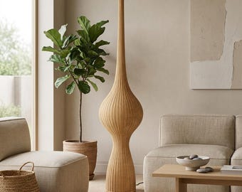 Sculptural Tall Rattan Floor Lamp, Woven Bamboo Standing Light, Japandi Coastal Boho Decor, Organic Wabi Sabi Accent