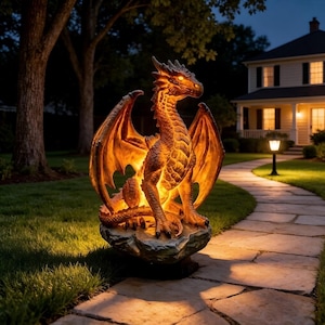May include: A sculpted dragon garden statue with textured scales and large wings, perched on a rock base. The figure emits a warm, internal golden glow from its eyes and body, illuminating the surrounding grass and stone pathway at night.