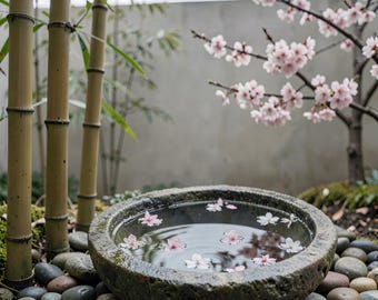 Serenity in Stone: Japanese Garden Water Basin with Bamboo and Sakura — 11×14 Fine Art Print