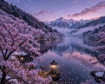 Twilight Reverie: Cherry Blossoms over Mountain Lake — 16×20 Fine Art Print