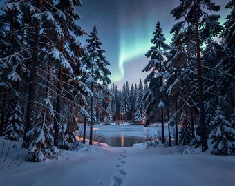 Midnight Aurora: Path Through the Snowy Pines — 16×20 Fine Art Print