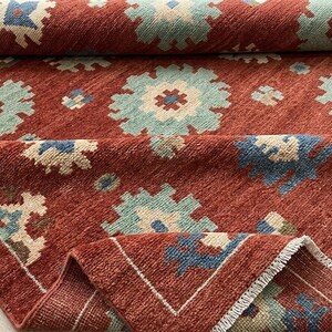 Rust Red Hand Knotted Oushak Wool Rug, Geometric Tribal Style Area Rug, Multicolor Boho Rug for Living Room Bedroom, Custom Size, 8×10 9×12