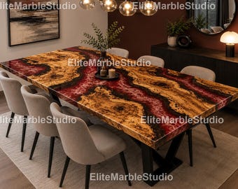 Handcrafted Olive Wood Epoxy River Dining Table, Red Resin Live Edge Luxury Furniture