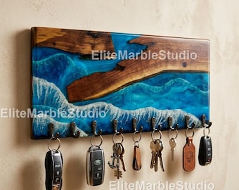 Niebieski wieszak na klucze z żywicy epoksydowej River – wieszak ścienny z drewna Live Edge, wieszak na klucze z żywicy drewnianej River – niebieskie haki ścienne z żywicy epoksydowej, wieszak na klucze z drewna Live Edge