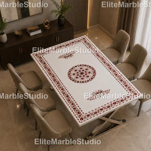 White Marble Inlay Dining Table   Luxury Marble Inlay Dining Table White  Inlay Rectangular Table, Modern Luxury white inlay dining table