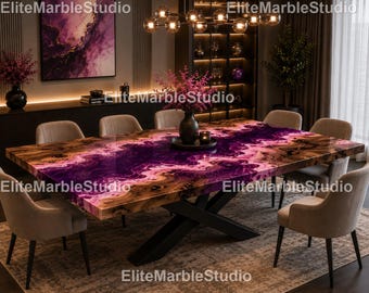 Purple Epoxy River Dining Table – Live Edge Wood Rectangle Table, Luxury Purple Resin Dining Table Handmade Wood & Resin Rectangle Table
