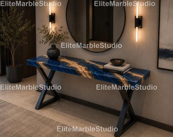 Blue Epoxy River Console Table – Live Edge Wood Table, Deep Blue Resin River Console Table – Modern Epoxy | Blue Resin Console Table –