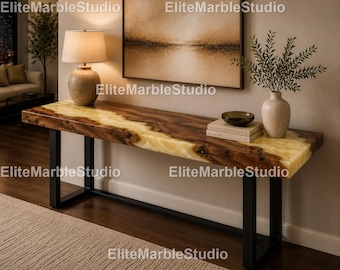 Luxury Light Yellow Epoxy River Console Table,  Yellow Resin Console Table Live Edge Wood Resin Table epoxy light yellow console table