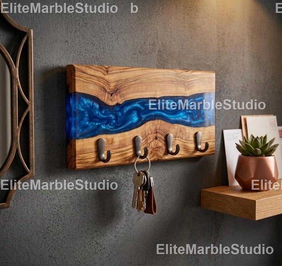 Blue Epoxy River Key Holder – Live Edge Wood Wall Hook Rack ,wooden ...