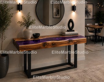 Luxury Purple Epoxy River Console Table, Purple River Epoxy Table, Deep Purple Resin River Table Luxury Live Edge Purple Resin Console Table
