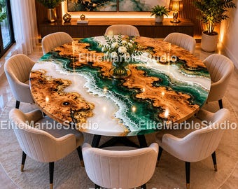 Luxury Emerald Ocean Epoxy Round Dining Table, Live Edge Resin Dining Table Green & White Wave Epoxy Table, Luxury Round Resin River Table,