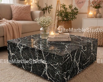 Mesa de centro de mármol verde - Mesa de centro cuadrada moderna con pedestal de mármol verde oscuro - Mesa cuadrada de piedra natural con decoración de mármol veteado verde