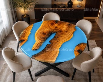 Mesa de comedor redonda Ocean Blue Epoxy River de madera y resina con borde natural, muebles de comedor de lujo, mesa de comedor hecha a mano de madera con borde natural y resina con diseño de río.