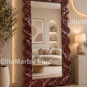 Red Marble Wavy Mirror,Luxury Sculptural Mirror, Modern Organic Shape Mirror, Designer Home Decor Red Stone Wave Mirror,Deep Red Marble