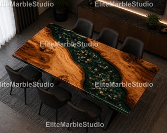 Green Resin River Dining Table – Live Edge Walnut Wood Dining Table Luxury Epoxy River Table Rectangle Live Wood & Green Resin Dining Table