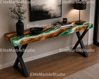 Emerald Green Epoxy River Console Table  Handmade Green Epoxy Console Table  Custom Epoxy River Console Table Luxury Live Edge Console Table