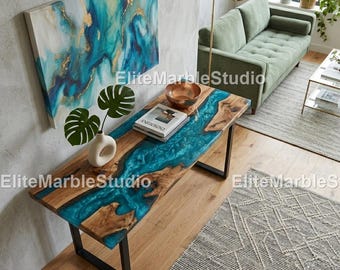 Blue Epoxy River Console Table  Live Edge Wood River Table, Natural Wood  Table,Live Edge Walnut Console Table,blue epoxy console table