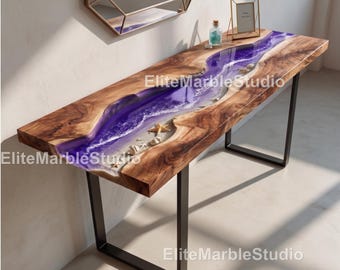 Purple Epoxy River Konsolentisch - Live Edge Wood Handgefertigter Purple Resin River Konsolentisch - Purple River Resin Harz Konsolentisch