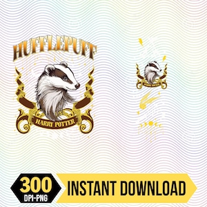 May include: A digital graphic featuring the Hufflepuff house emblem from the Harry Potter series. The design includes a badger, the house name, and the words "Harry Potter." The image also includes the text "300 DPI-PNG" and "INSTANT DOWNLOAD."