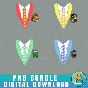 May include: Digital download graphic featuring four stylized house crests and ties in red, yellow, green, and blue. Each design includes a tie and a house crest, with the text "PNG BUNDLE DIGITAL DOWNLOAD" at the bottom.