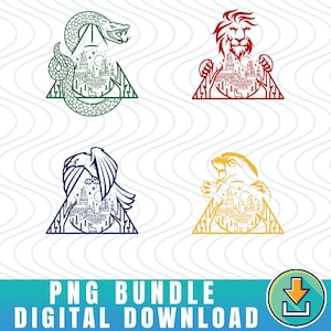 May include: Four colorful crest designs featuring a snake, lion, eagle, and badger, each with a detailed castle scene inside a triangular frame. The text "PNG BUNDLE DIGITAL DOWNLOAD" is at the bottom.