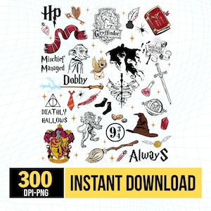 May include: A collection of Harry Potter-themed illustrations, including the Gryffindor crest, a golden snitch, Dobby, and the words "Always" and "Mischief Managed." The image also includes the text "Instant Download."