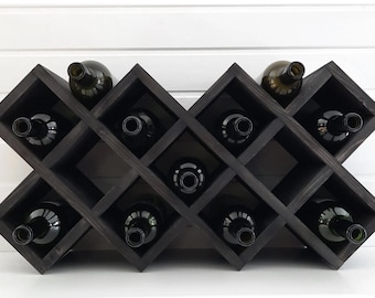 Botellero artesanal de madera wengué, estante de nido de abeja para 14 botellas, almacenamiento colgante para mesa.